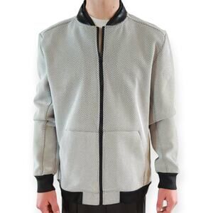 Kenneth Cole White Black Mesh Bomber Jacket Faux Leather Collar Size Medium NWOT